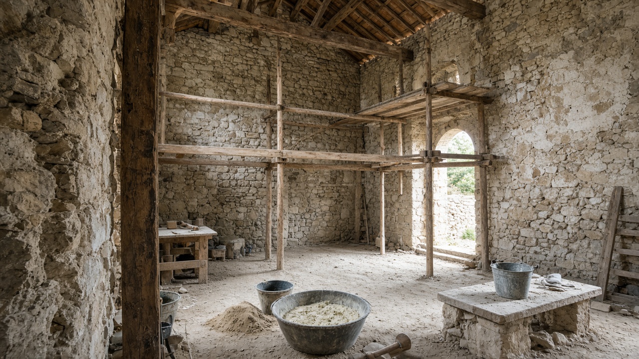 Chantier intérieur dans une ancienne grange en pierre