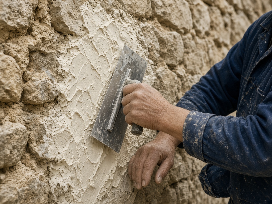 Artisan appliquant un enduit de chaux sur un mur ancien