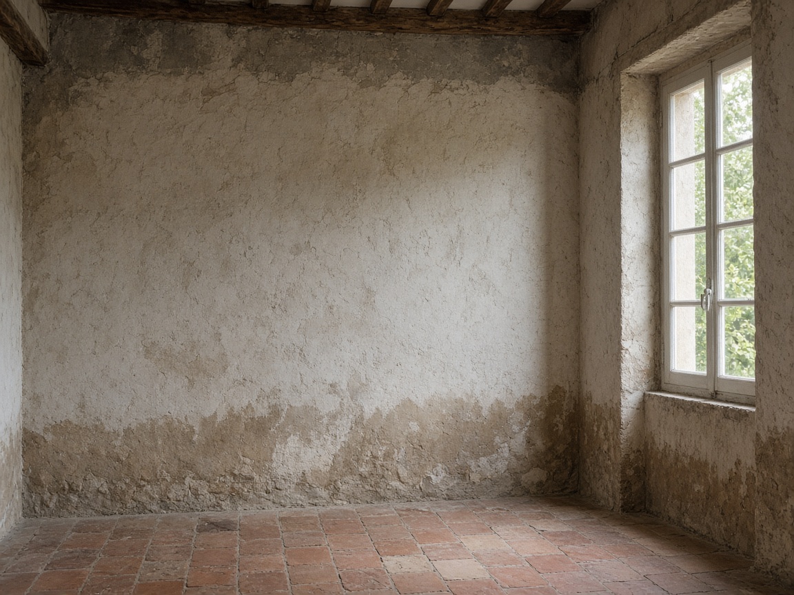 Mur intérieur ancien présentant des traces d’humidité en pied