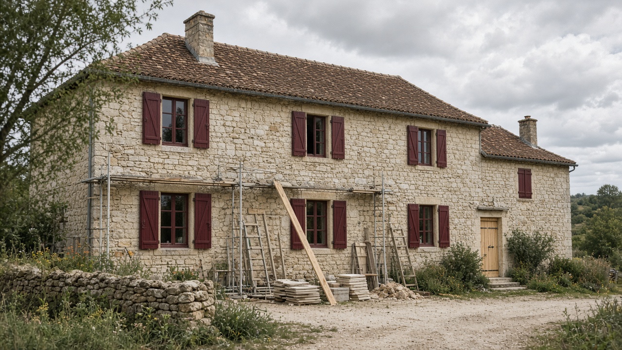 Maison française en pierre calcaire en cours de restauration